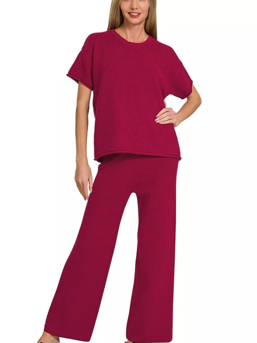 Zenana Premium Viscose Blend Cabernet Knit Set NWOT - Picture 4 of 6